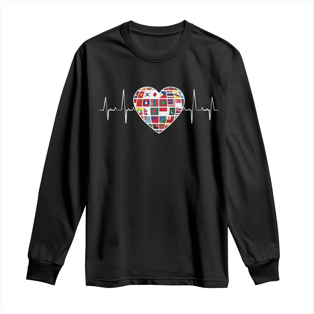 AAPI Heritage Month Heartbeat Heart Asian American and Pacific Islander Countries Flag Long Sleeve Shirt TS11 Black Print Your Wear