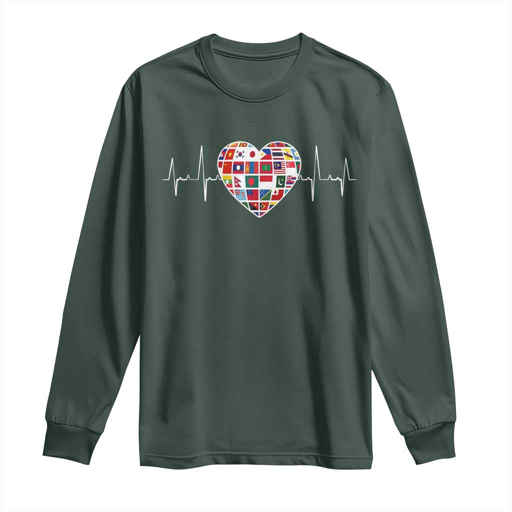 AAPI Heritage Month Heartbeat Heart Asian American and Pacific Islander Countries Flag Long Sleeve Shirt TS11 Dark Forest Green Print Your Wear