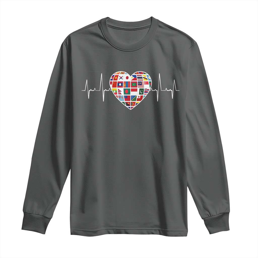 AAPI Heritage Month Heartbeat Heart Asian American and Pacific Islander Countries Flag Long Sleeve Shirt TS11 Dark Heather Print Your Wear