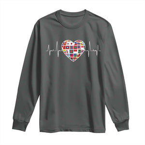 AAPI Heritage Month Heartbeat Heart Asian American and Pacific Islander Countries Flag Long Sleeve Shirt TS11 Dark Heather Print Your Wear