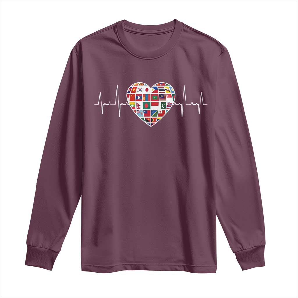 AAPI Heritage Month Heartbeat Heart Asian American and Pacific Islander Countries Flag Long Sleeve Shirt TS11 Maroon Print Your Wear
