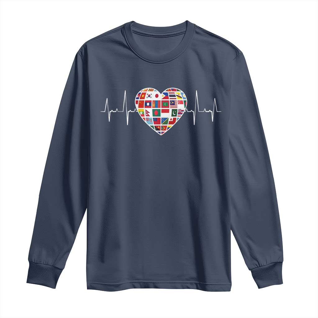 AAPI Heritage Month Heartbeat Heart Asian American and Pacific Islander Countries Flag Long Sleeve Shirt TS11 Navy Print Your Wear