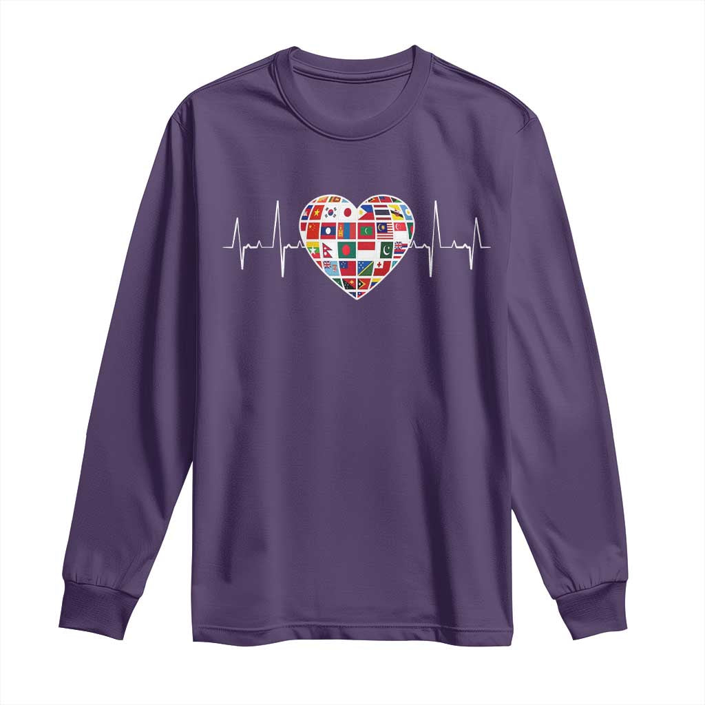 AAPI Heritage Month Heartbeat Heart Asian American and Pacific Islander Countries Flag Long Sleeve Shirt TS11 Purple Print Your Wear