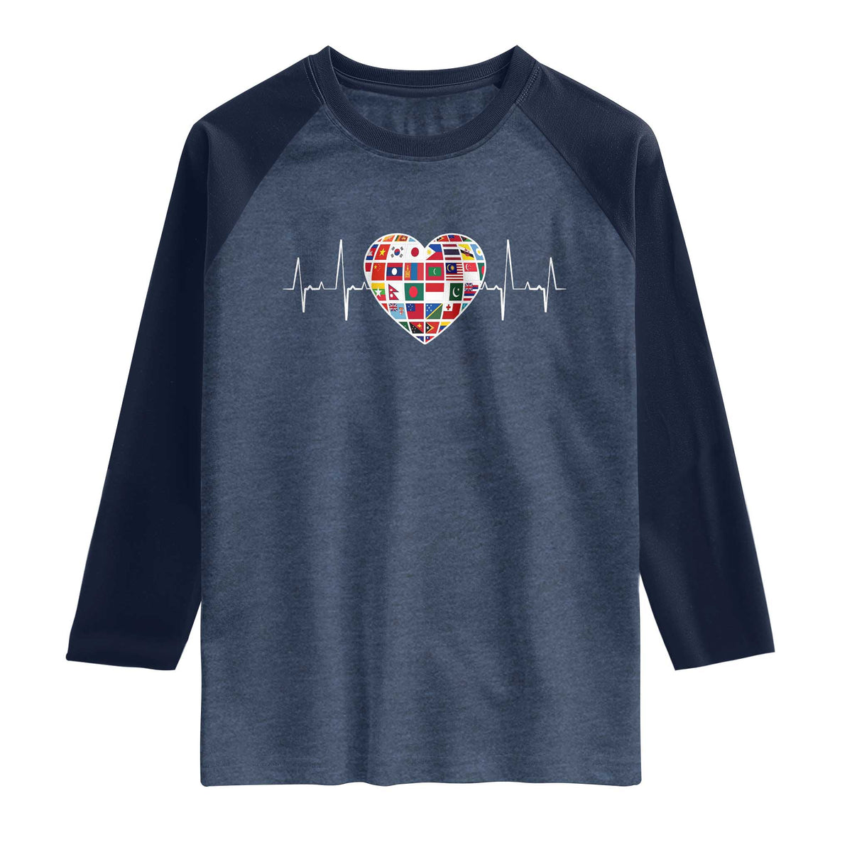 AAPI Heritage Month Heartbeat Heart Asian American and Pacific Islander Countries Flag Raglan Shirt TS11 Heather Denim Navy Print Your Wear