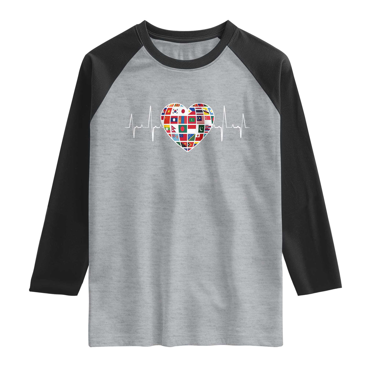 AAPI Heritage Month Heartbeat Heart Asian American and Pacific Islander Countries Flag Raglan Shirt TS11 Heather Gray Black Print Your Wear