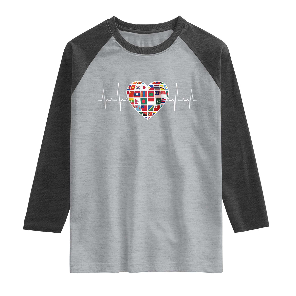 AAPI Heritage Month Heartbeat Heart Asian American and Pacific Islander Countries Flag Raglan Shirt TS11 Heather Gray Heather Charcoal Print Your Wear