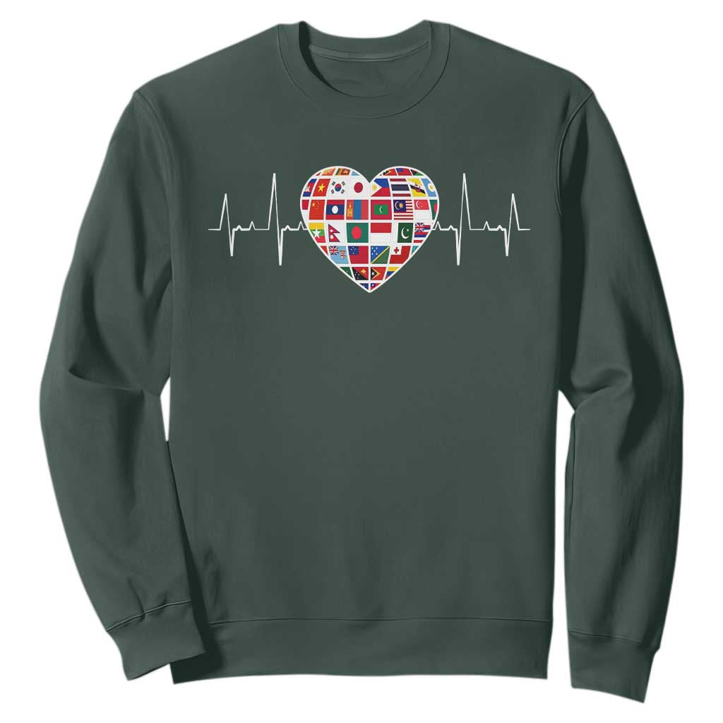 AAPI Heritage Month Heartbeat Heart Asian American and Pacific Islander Countries Flag Sweatshirt TS11 Dark Forest Green Print Your Wear