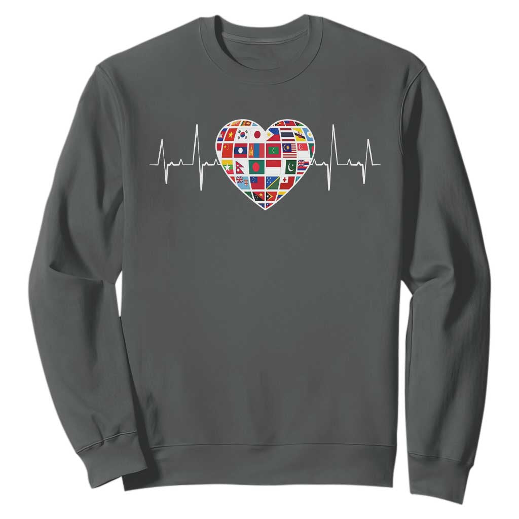 AAPI Heritage Month Heartbeat Heart Asian American and Pacific Islander Countries Flag Sweatshirt TS11 Dark Heather Print Your Wear