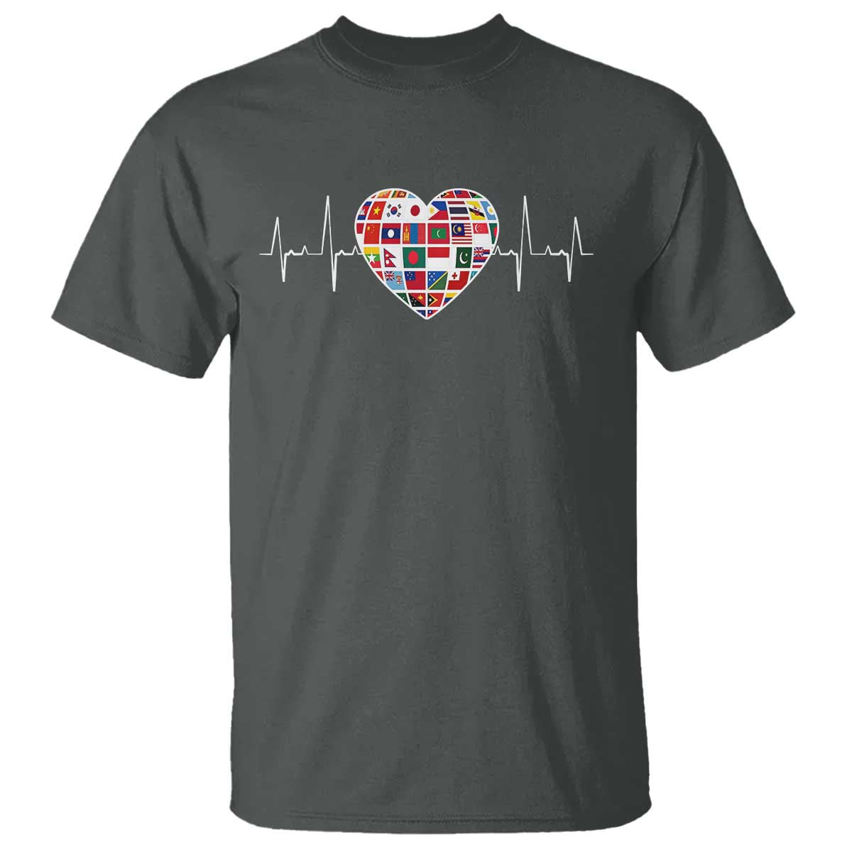 AAPI Heritage Month Heartbeat Heart Asian American and Pacific Islander Countries Flag T Shirt TS11 Dark Heather Print Your Wear