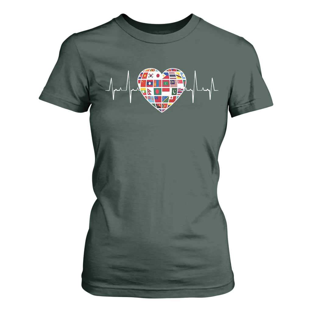 AAPI Heritage Month Heartbeat Heart Asian American and Pacific Islander Countries Flag T Shirt For Women TS11 Dark Forest Green Print Your Wear