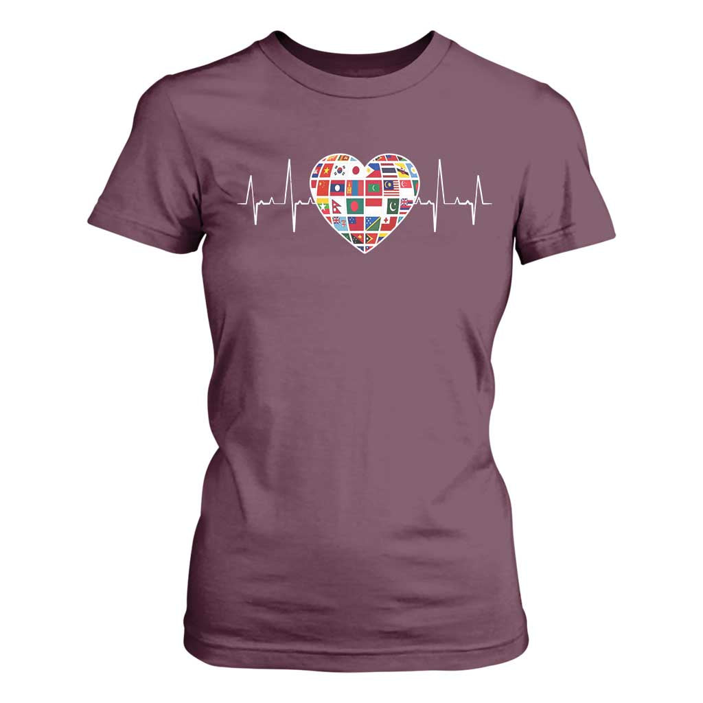 AAPI Heritage Month Heartbeat Heart Asian American and Pacific Islander Countries Flag T Shirt For Women TS11 Maroon Print Your Wear