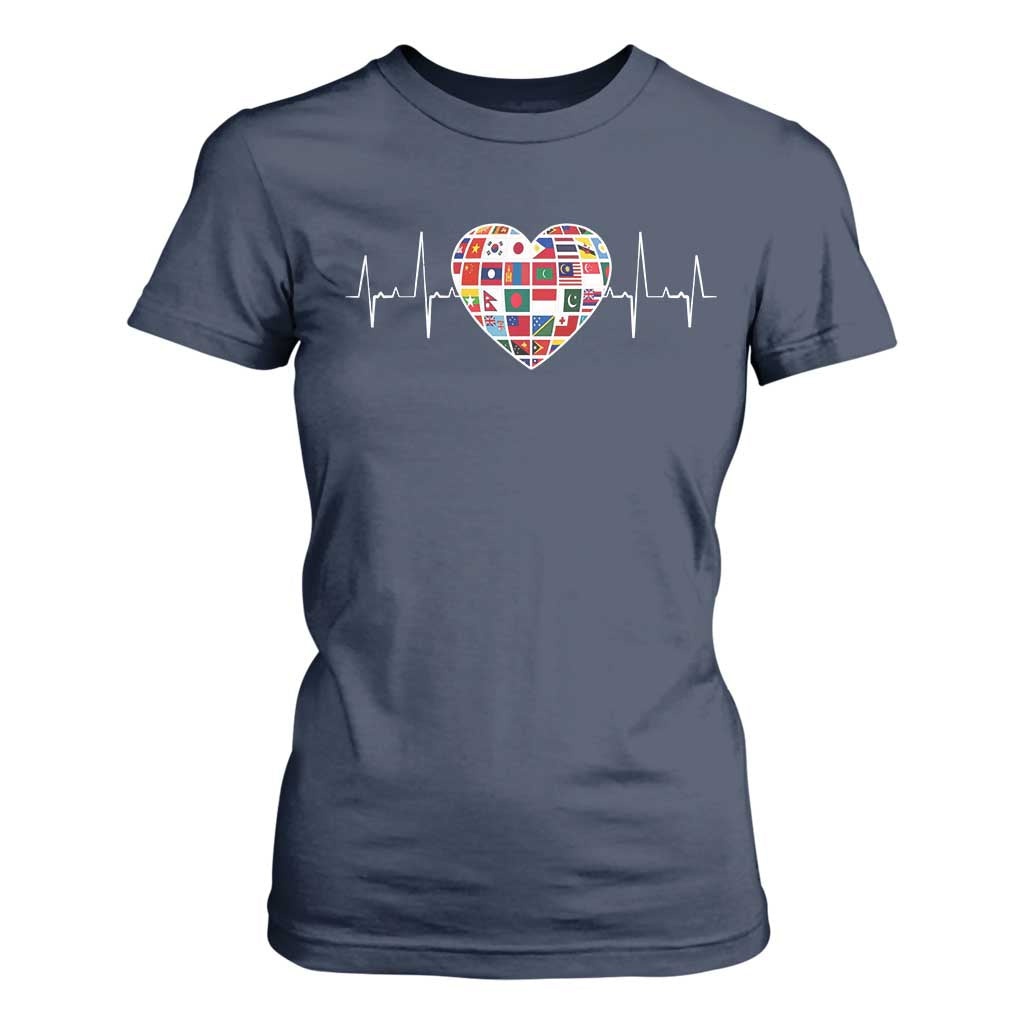 AAPI Heritage Month Heartbeat Heart Asian American and Pacific Islander Countries Flag T Shirt For Women TS11 Navy Print Your Wear