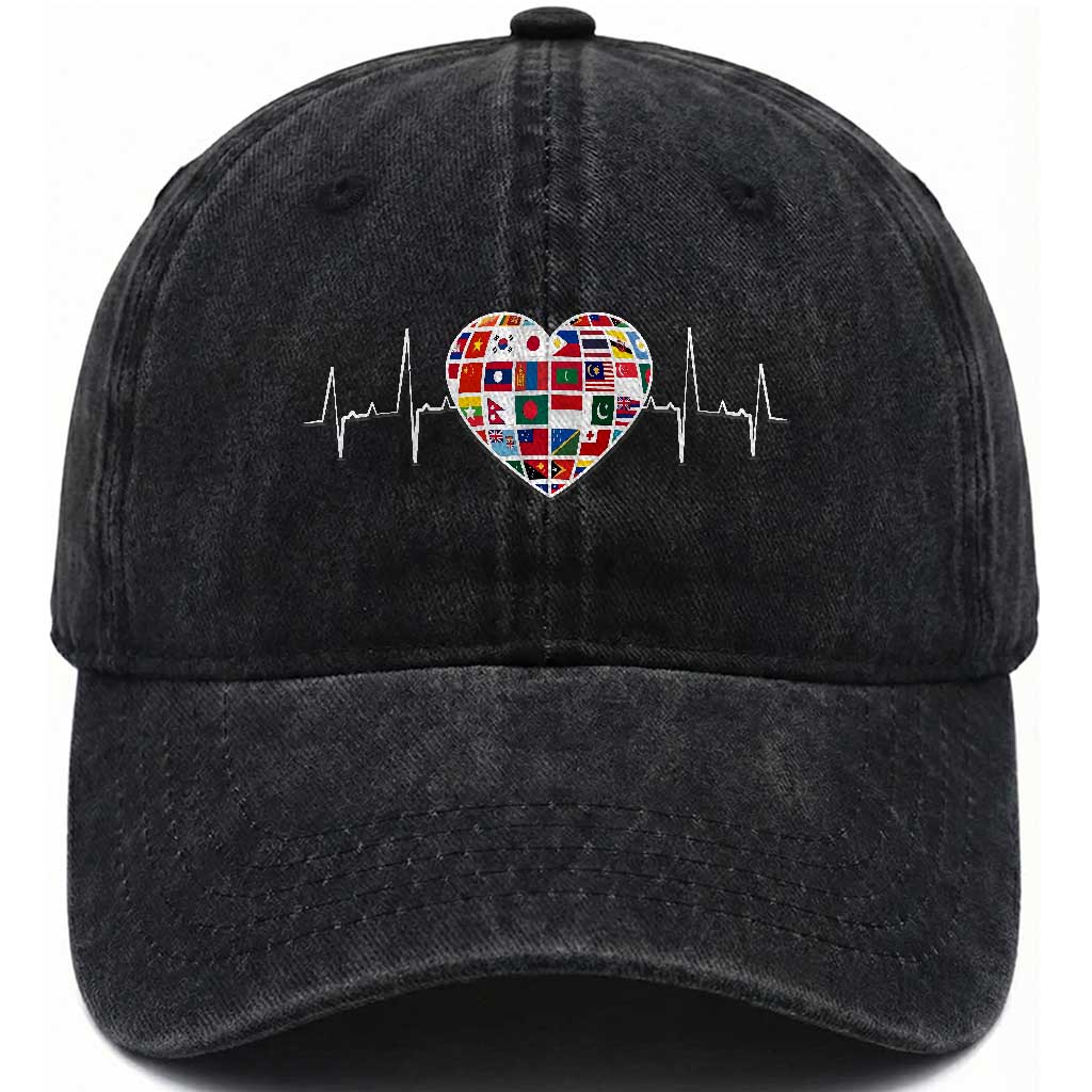 AAPI Heritage Month Heartbeat Heart Asian American and Pacific Islander Countries Flag Washed Cotton Baseball Cap TS11 Print Your Wear