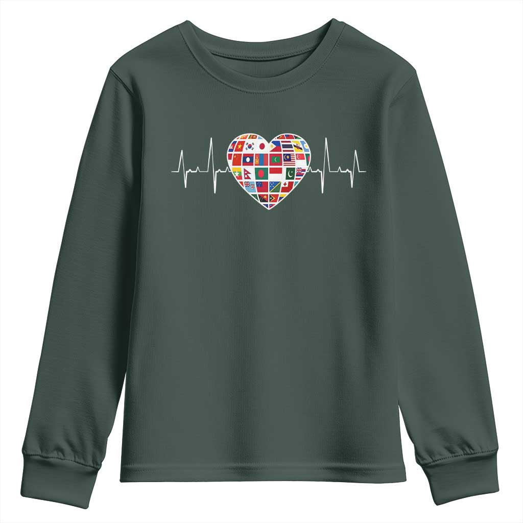 AAPI Heritage Month Heartbeat Heart Asian American and Pacific Islander Countries Flag Youth Sweatshirt TS11 Dark Forest Green Print Your Wear