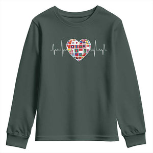 AAPI Heritage Month Heartbeat Heart Asian American and Pacific Islander Countries Flag Youth Sweatshirt TS11 Dark Forest Green Print Your Wear