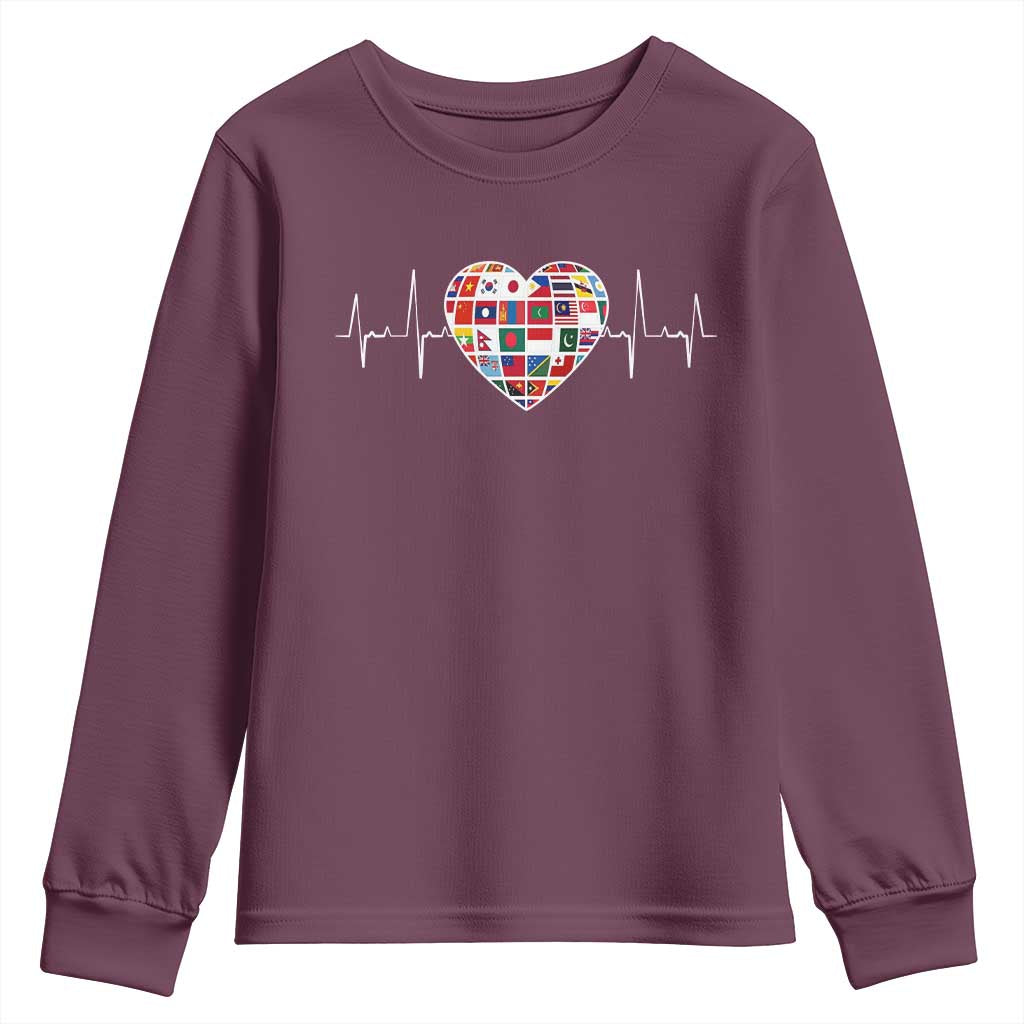 AAPI Heritage Month Heartbeat Heart Asian American and Pacific Islander Countries Flag Youth Sweatshirt TS11 Maroon Print Your Wear