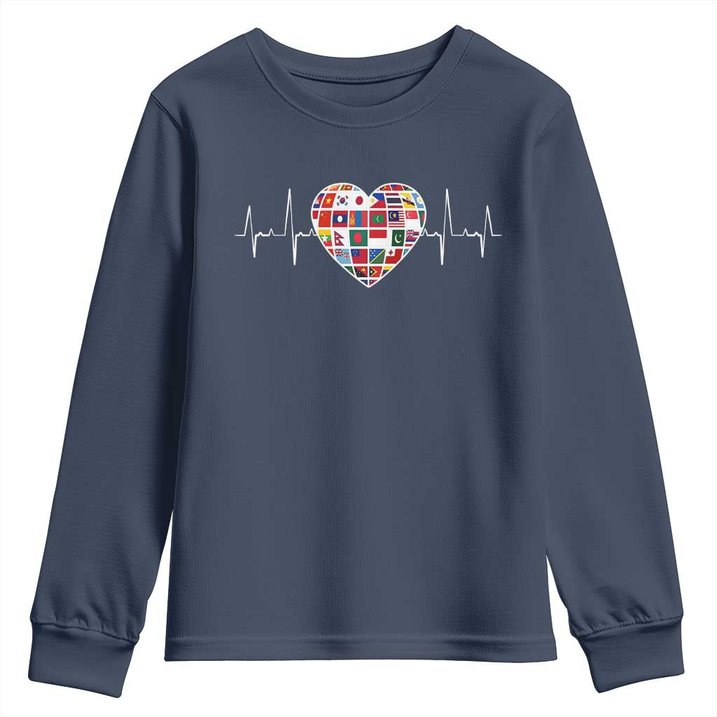 AAPI Heritage Month Heartbeat Heart Asian American and Pacific Islander Countries Flag Youth Sweatshirt TS11 Navy Print Your Wear