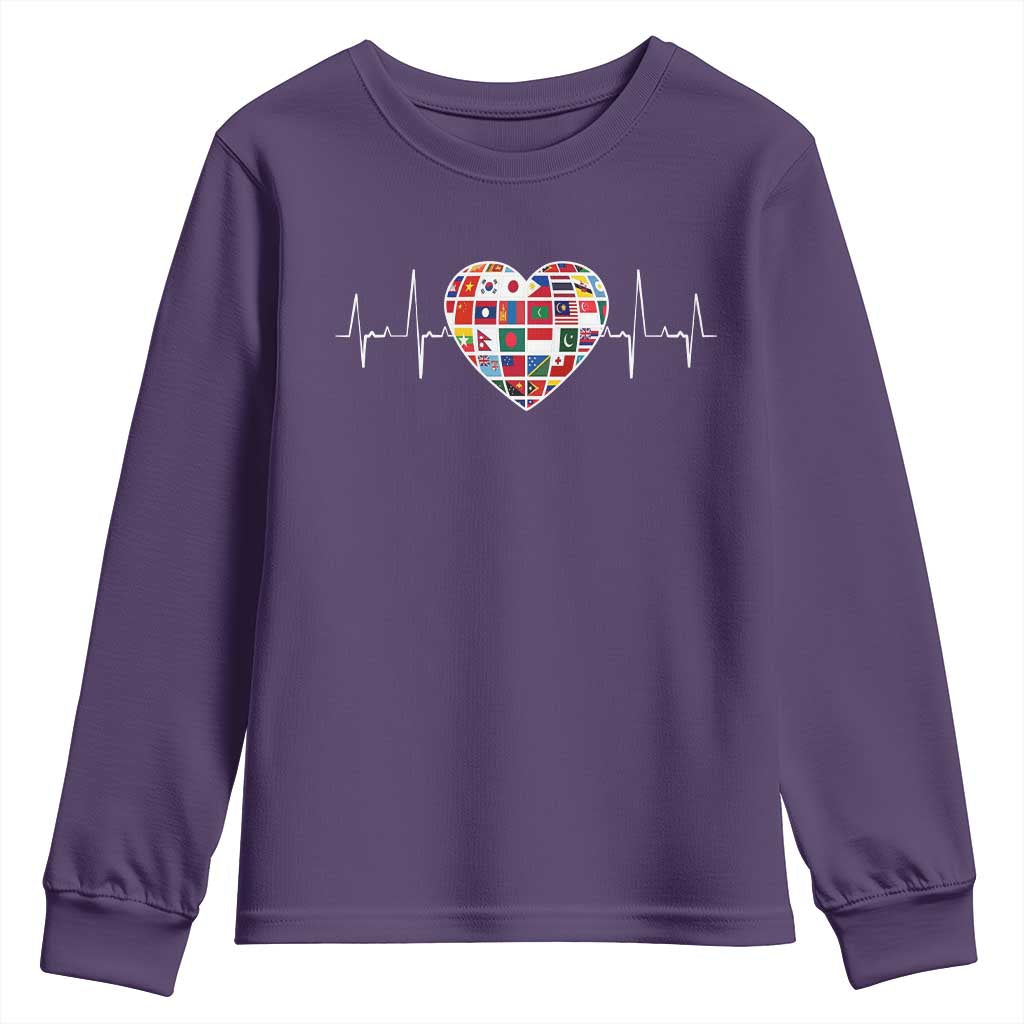 AAPI Heritage Month Heartbeat Heart Asian American and Pacific Islander Countries Flag Youth Sweatshirt TS11 Purple Print Your Wear