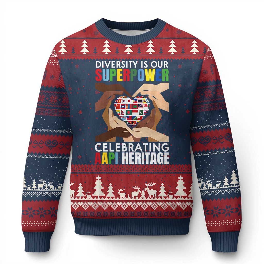 AAPI Heritage Month Ugly Christmas Sweater Diversity Is Our Superpower Asian American and Pacific Islander Countries TS11 Navy Red Print Your Wear