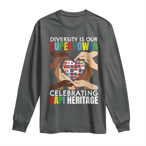 AAPI Heritage Month Long Sleeve Shirt Diversity Is Our Superpower Asian American and Pacific Islander Countries TS11 Dark Heather Print Your Wear