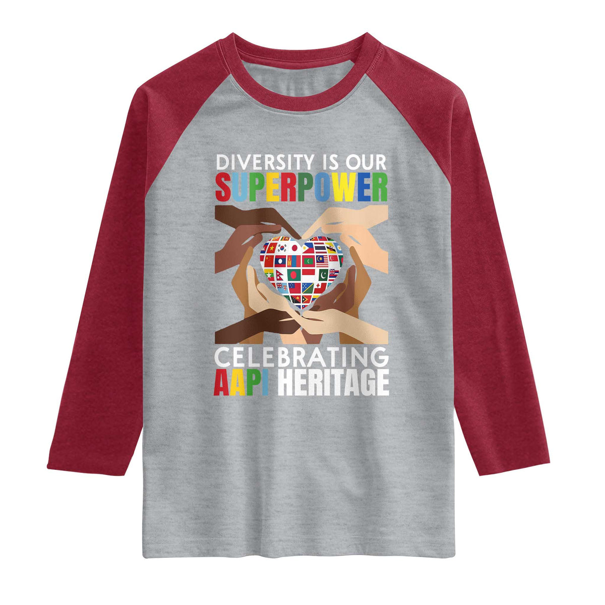 AAPI Heritage Month Raglan Shirt Diversity Is Our Superpower Asian American and Pacific Islander Countries TS11 Heather Gray Heather Red Print Your Wear