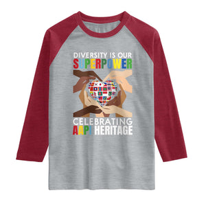 AAPI Heritage Month Raglan Shirt Diversity Is Our Superpower Asian American and Pacific Islander Countries TS11 Heather Gray Heather Red Print Your Wear