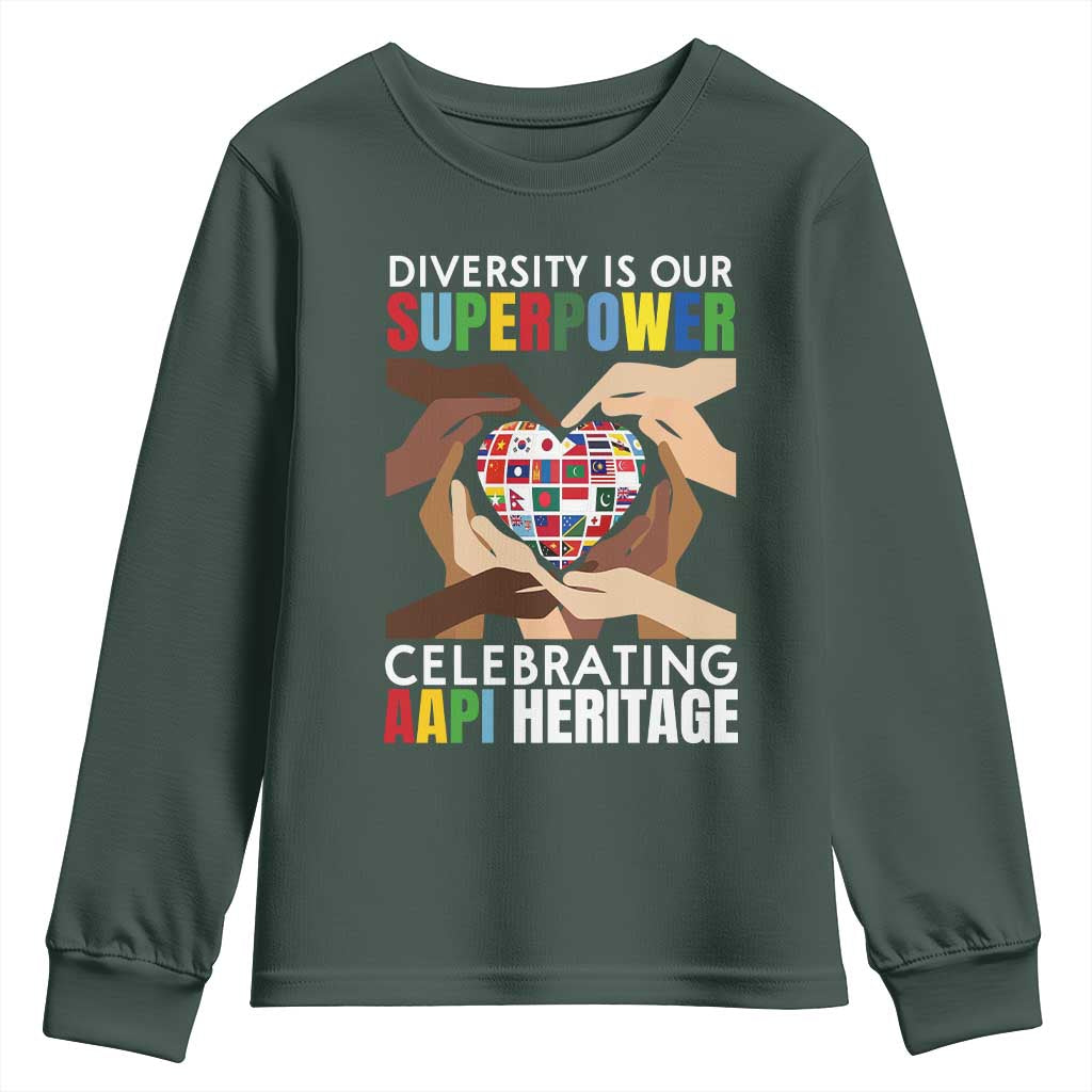 AAPI Heritage Month Youth Sweatshirt Diversity Is Our Superpower Asian American and Pacific Islander Countries TS11 Dark Forest Green Print Your Wear