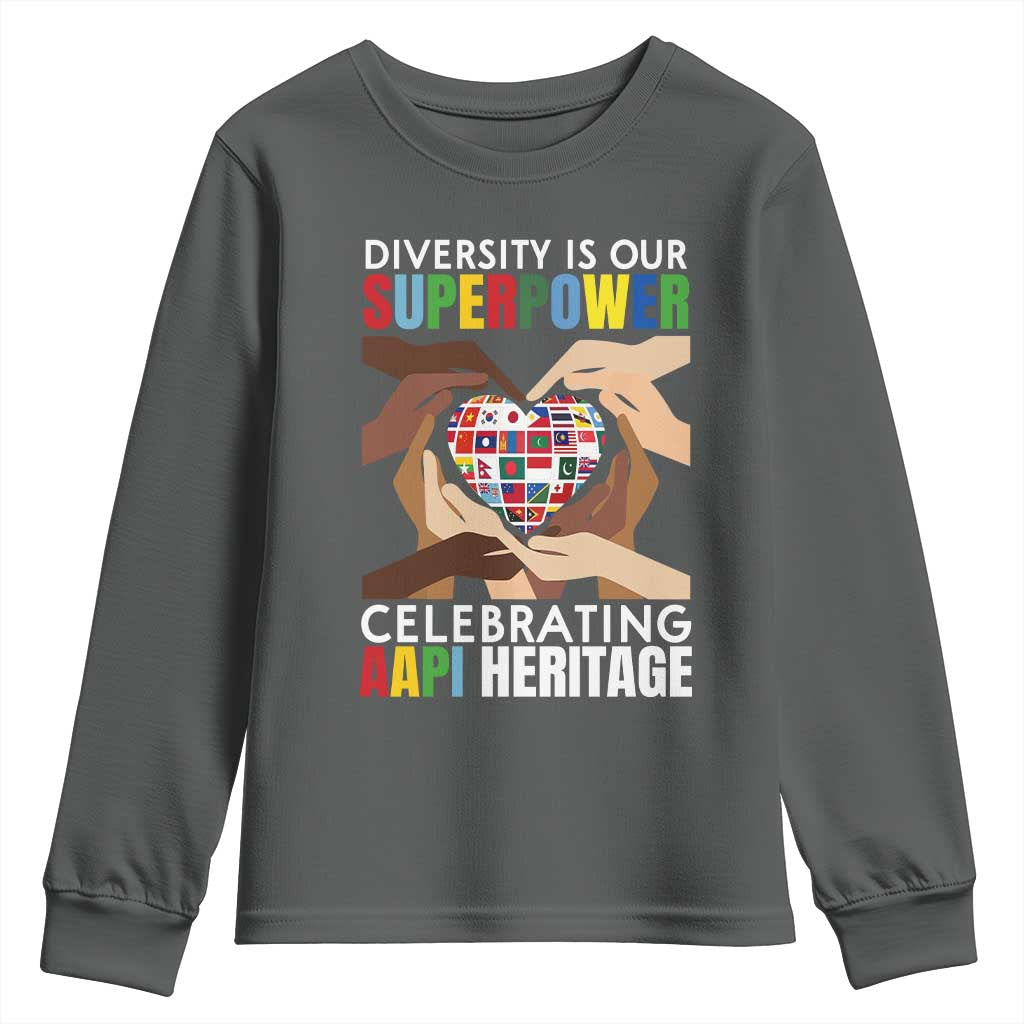 AAPI Heritage Month Youth Sweatshirt Diversity Is Our Superpower Asian American and Pacific Islander Countries TS11 Dark Heather Print Your Wear