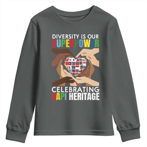 AAPI Heritage Month Youth Sweatshirt Diversity Is Our Superpower Asian American and Pacific Islander Countries TS11 Dark Heather Print Your Wear