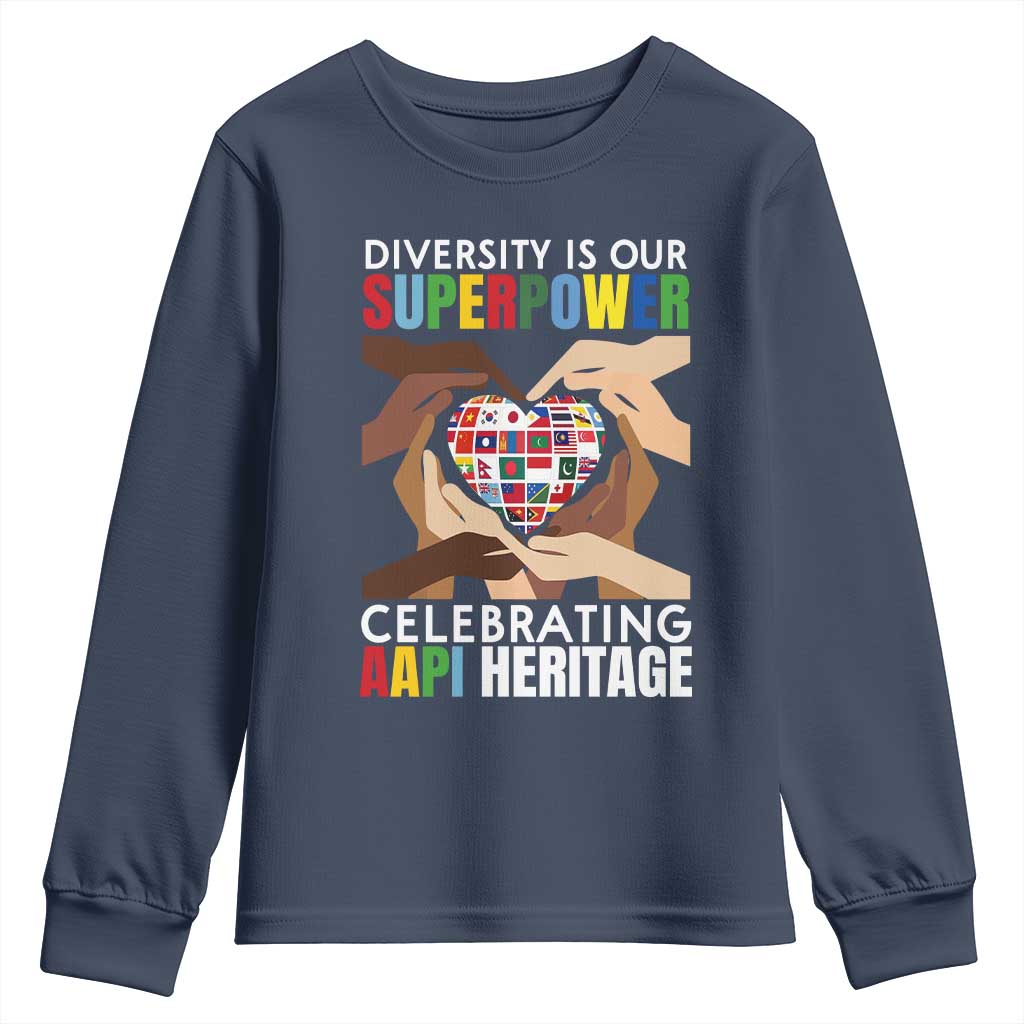 AAPI Heritage Month Youth Sweatshirt Diversity Is Our Superpower Asian American and Pacific Islander Countries TS11 Navy Print Your Wear