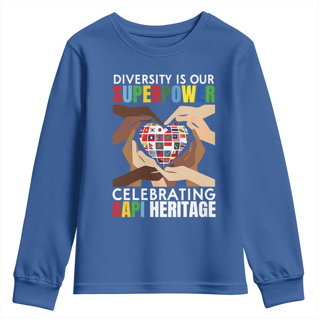 AAPI Heritage Month Youth Sweatshirt Diversity Is Our Superpower Asian American and Pacific Islander Countries TS11 Royal Blue Print Your Wear