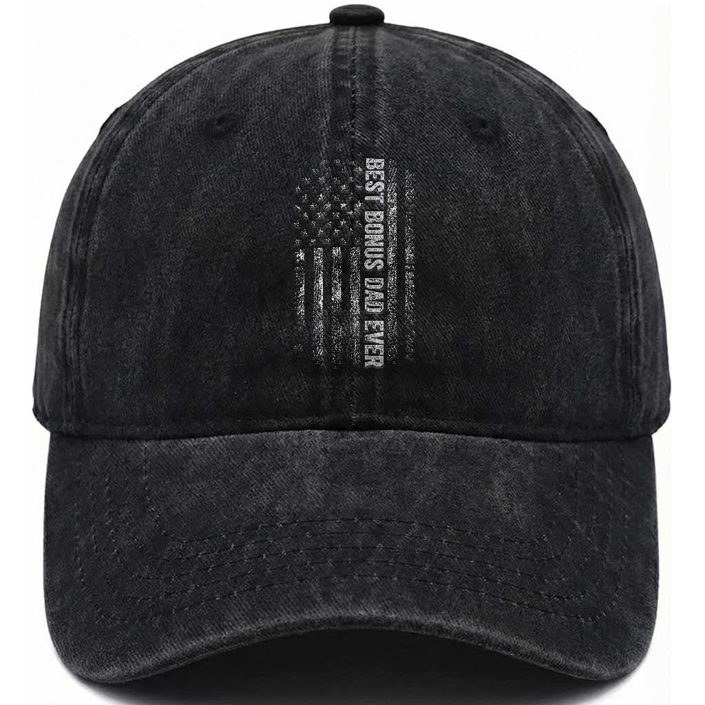 Funny Best Bonus Dad Ever Washed Cotton Baseball Cap Fathers Day American Flag TS11 Print Your Wear