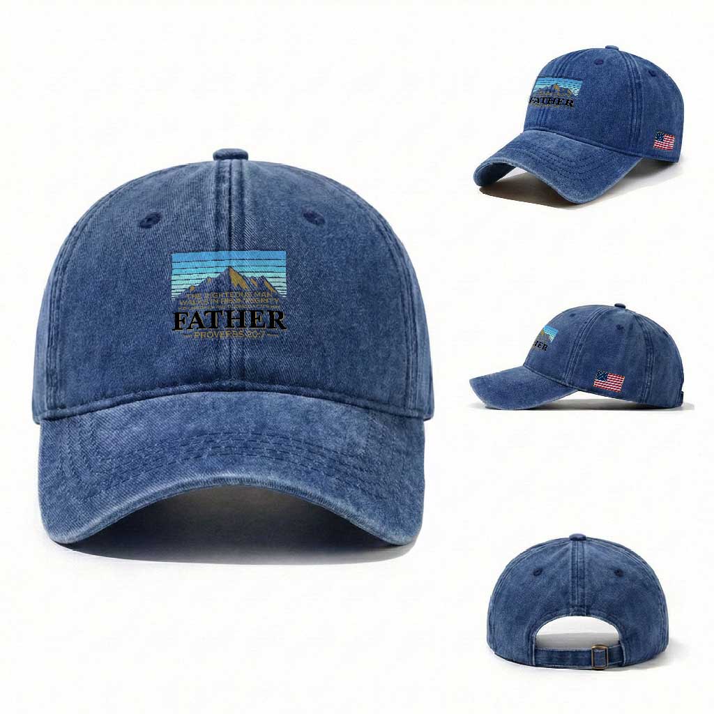Funny Christian Father Washed Cotton Baseball Cap The Righteous Man Walks In His Integrity Fathers Day TS11 Washed Cap Universal Fit Royal Blue Print Your Wear