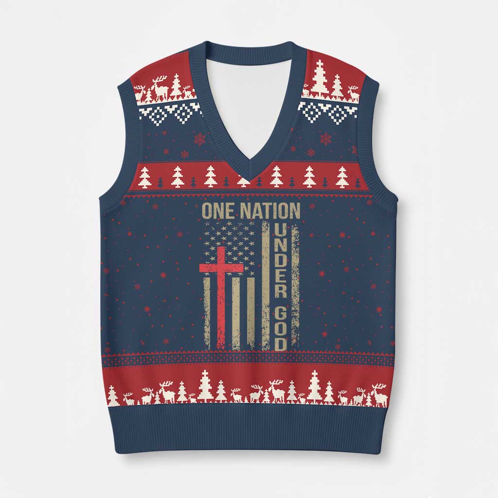 Funny One Nation Under God V-Neck Knit Sweater Vest 4th Of July Patriotic Christian American Flag TS11 Navy Red Print Your Wear