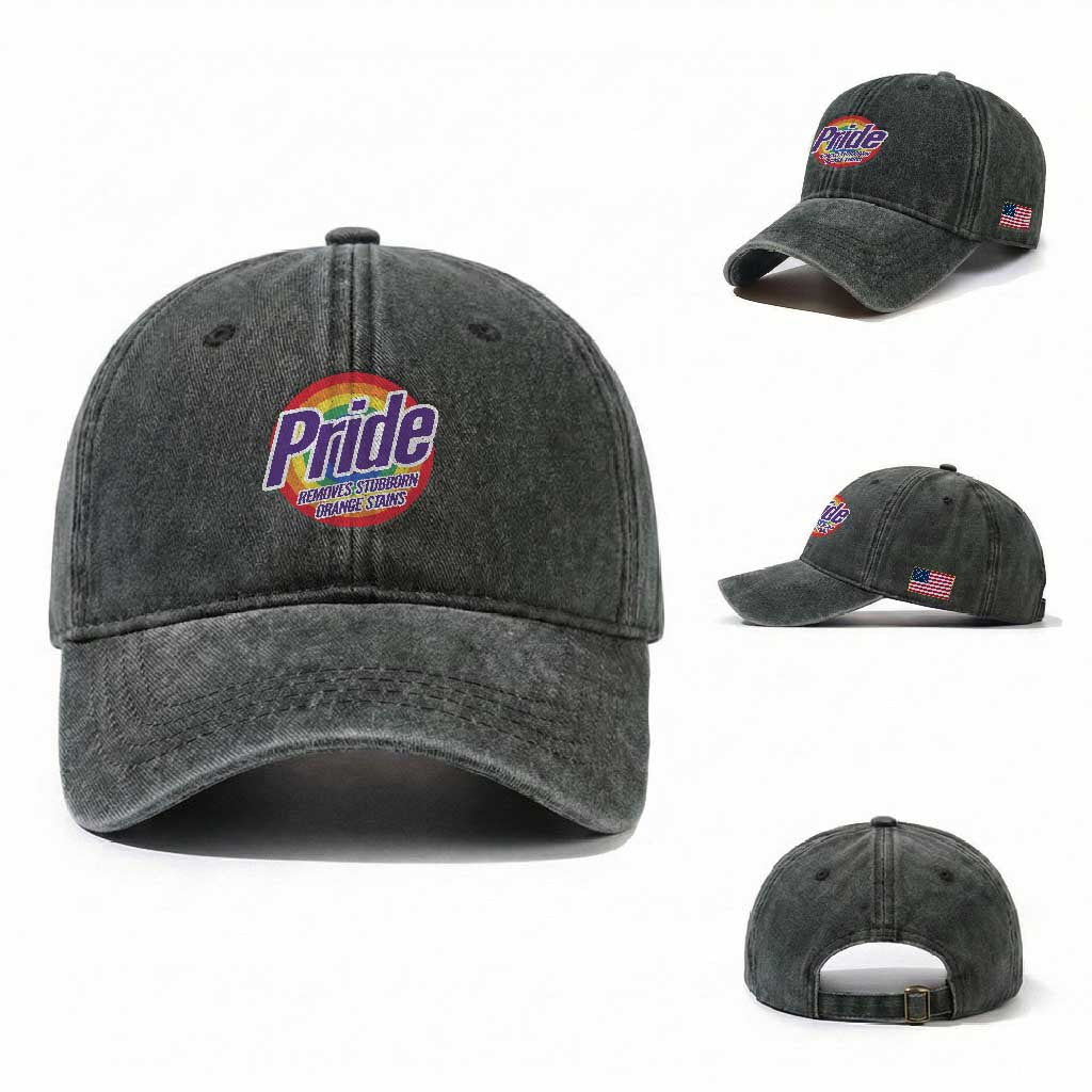Funny Pride Removes Stubborn Orange Stains Washed Cotton Baseball Cap LGBTQ Pride Month TS11 Washed Cap Universal Fit Dark Green Print Your Wear