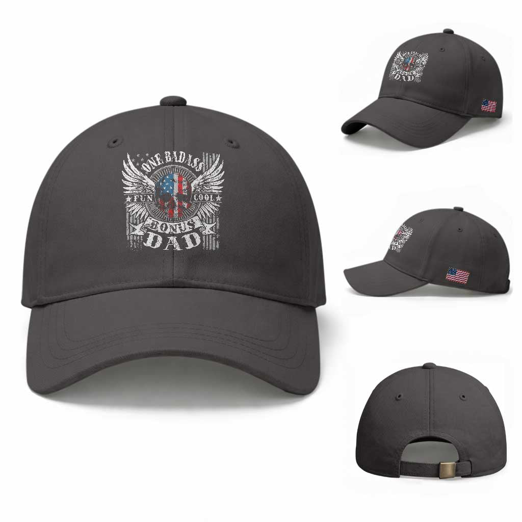 Funny One Badass Bonus Stepdad Baseball Cap Bonus Dad Fathers Day American Flag Skull TS11 Baseball Cap Universal Fit Dark Gray Print Your Wear