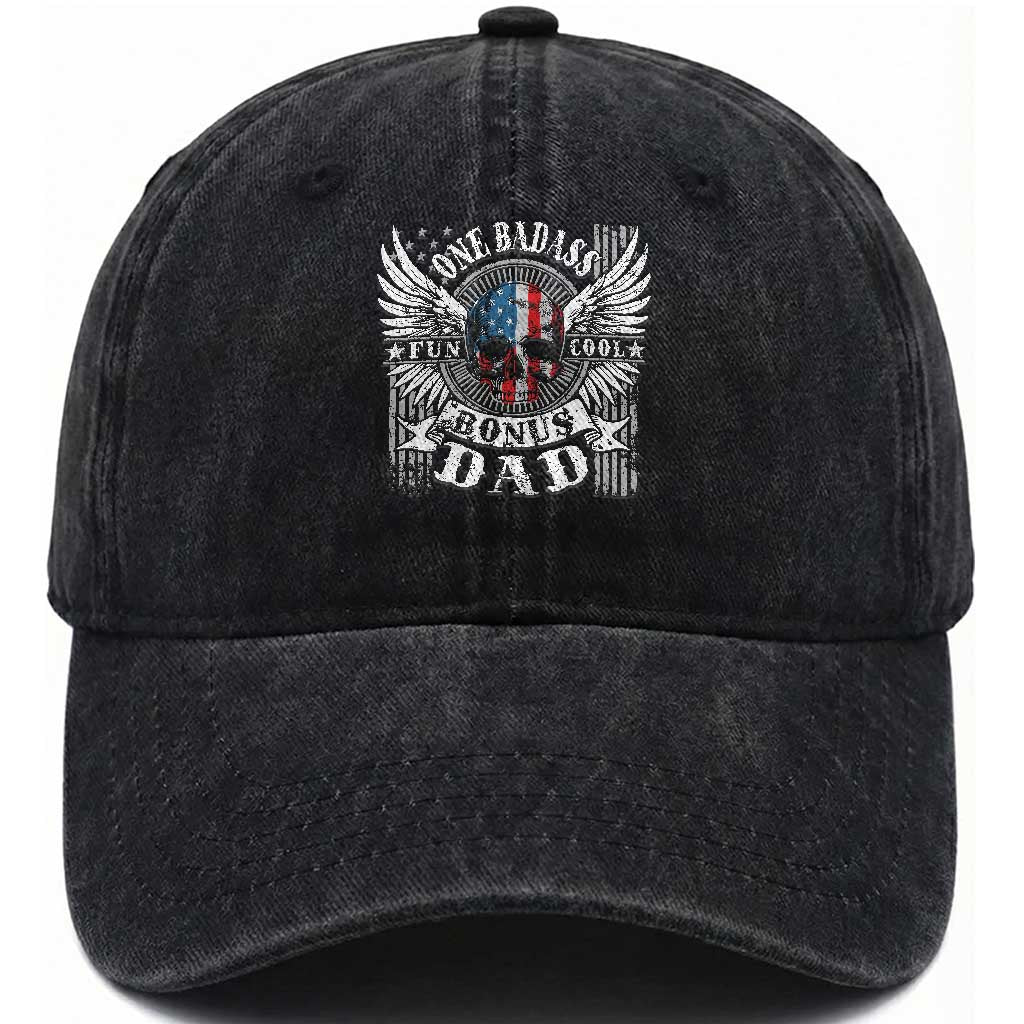 Funny One Badass Bonus Stepdad Washed Cotton Baseball Cap Bonus Dad Fathers Day American Flag Skull TS11 Print Your Wear