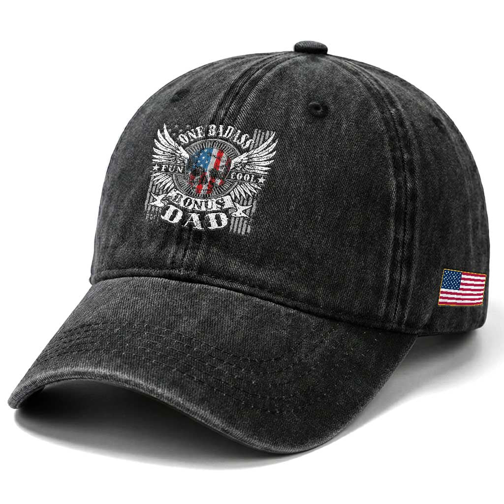 Funny One Badass Bonus Stepdad Washed Cotton Baseball Cap Bonus Dad Fathers Day American Flag Skull TS11 Print Your Wear