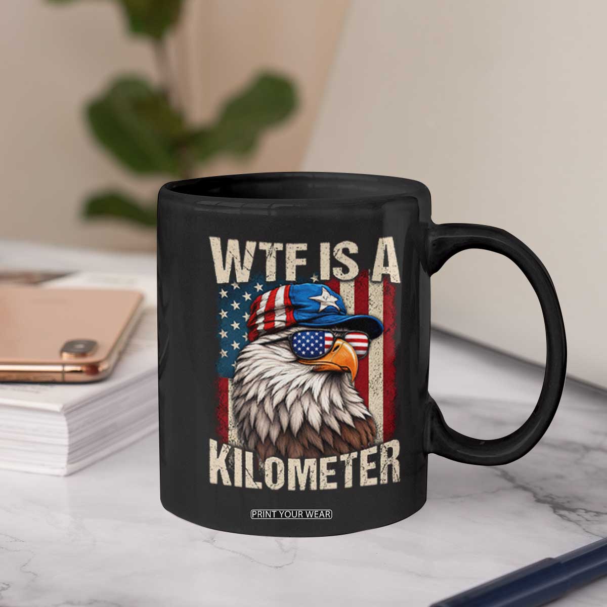 WTF Is A Kilometer Coffee Mug Bald Eagle 4th of July Funny USA Patriotic
