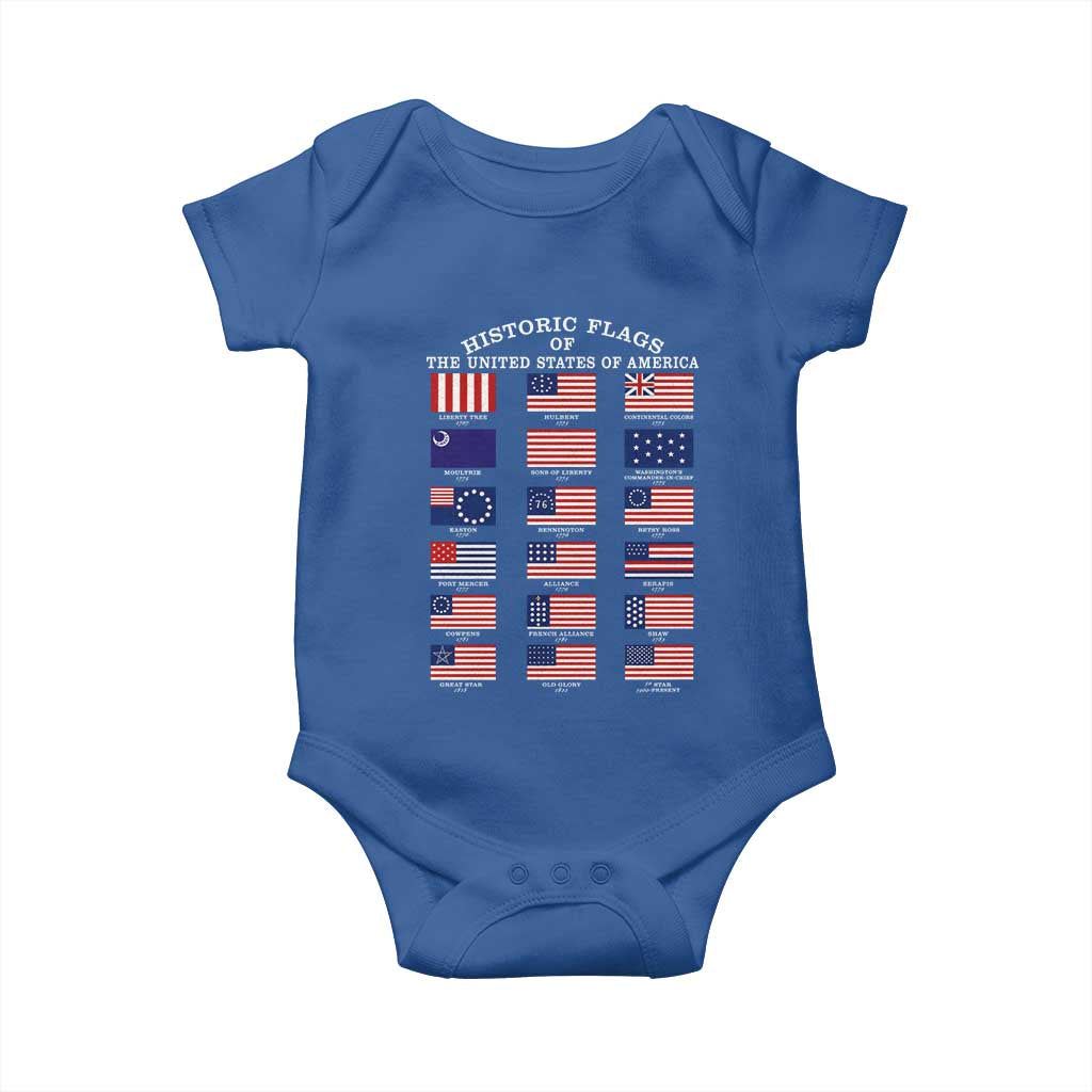 Historic Flags of The United States of America Baby Onesie US History 4th of July TS11 Royal Blue Print Your Wear