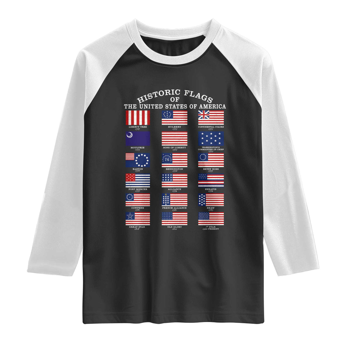 Historic Flags of The United States of America Raglan Shirt US History 4th of July