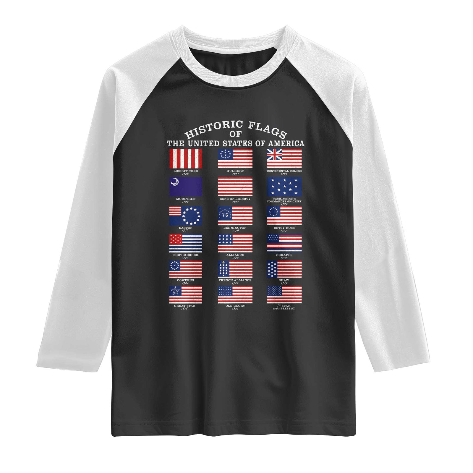 Historic Flags of The United States of America Raglan Shirt US History 4th of July TS11 Black White Print Your Wear