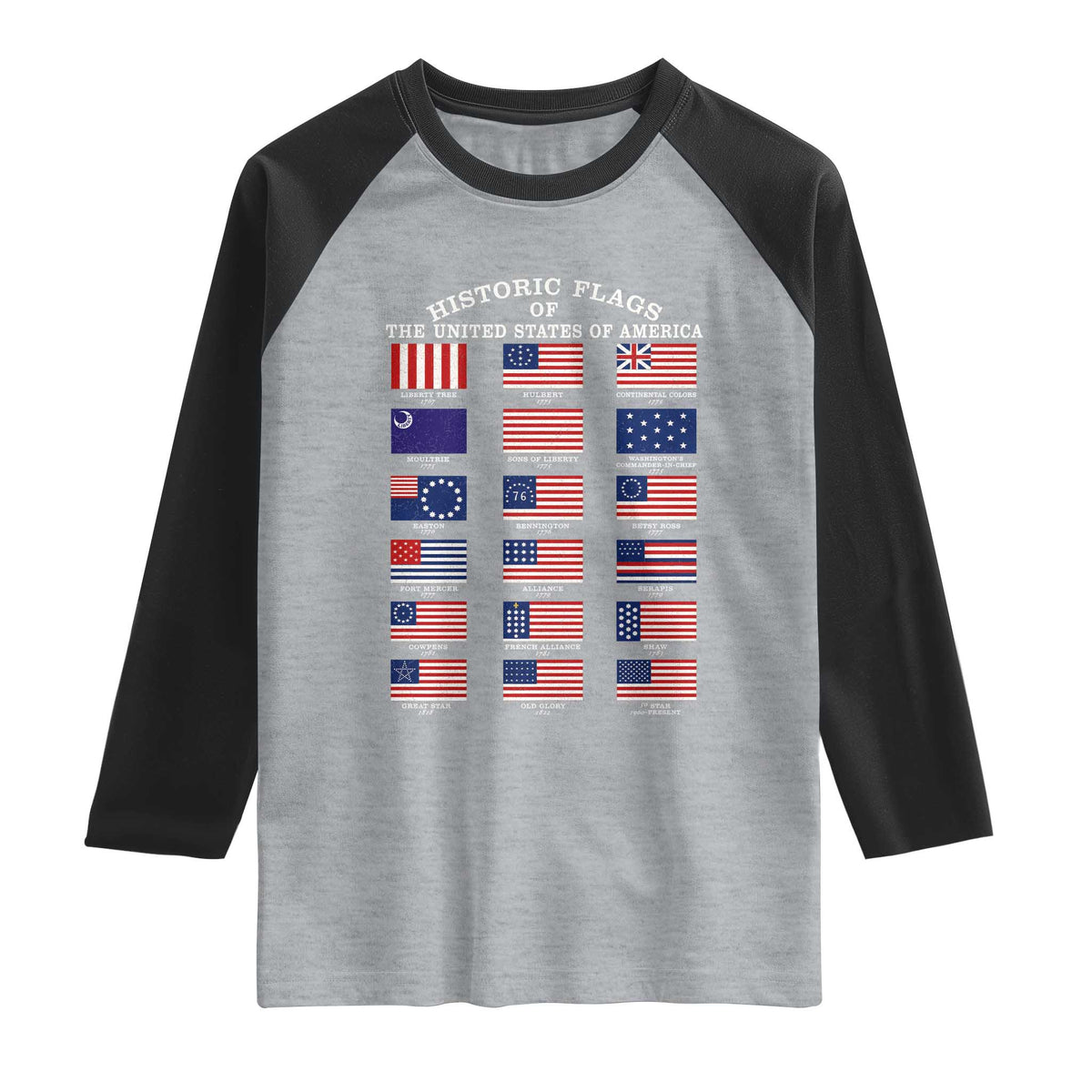 Historic Flags of The United States of America Raglan Shirt US History 4th of July