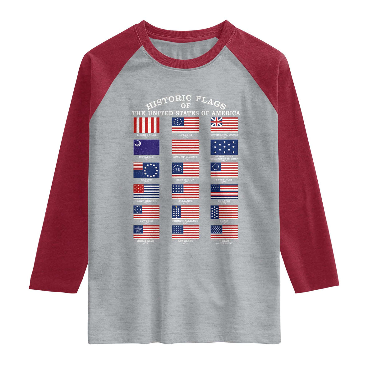 Historic Flags of The United States of America Raglan Shirt US History 4th of July