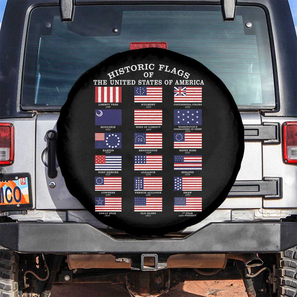 Historic Flags of The United States of America Spare Tire Cover US History 4th of July TS11 No hole Black Print Your Wear