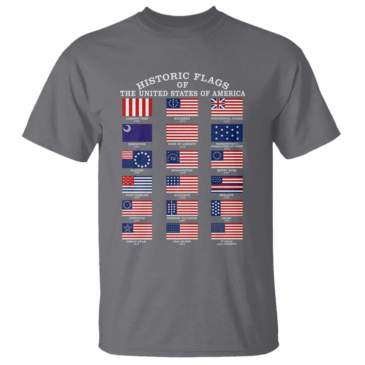 Historic Flags of The United States of America T Shirt US History 4th of July