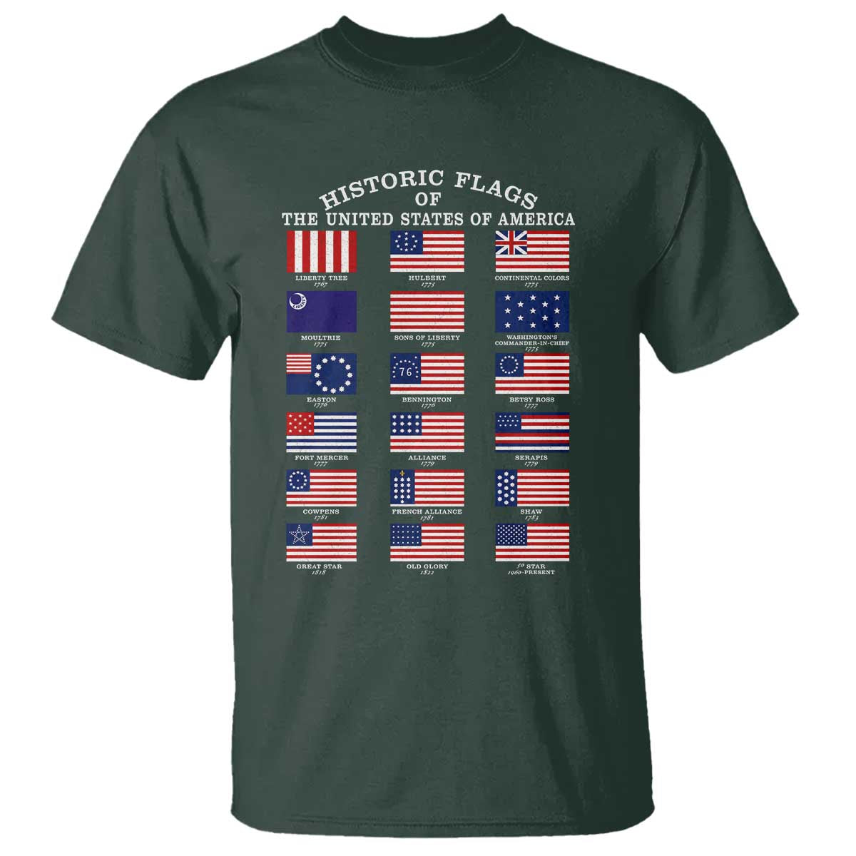 Historic Flags of The United States of America T Shirt US History 4th of July
