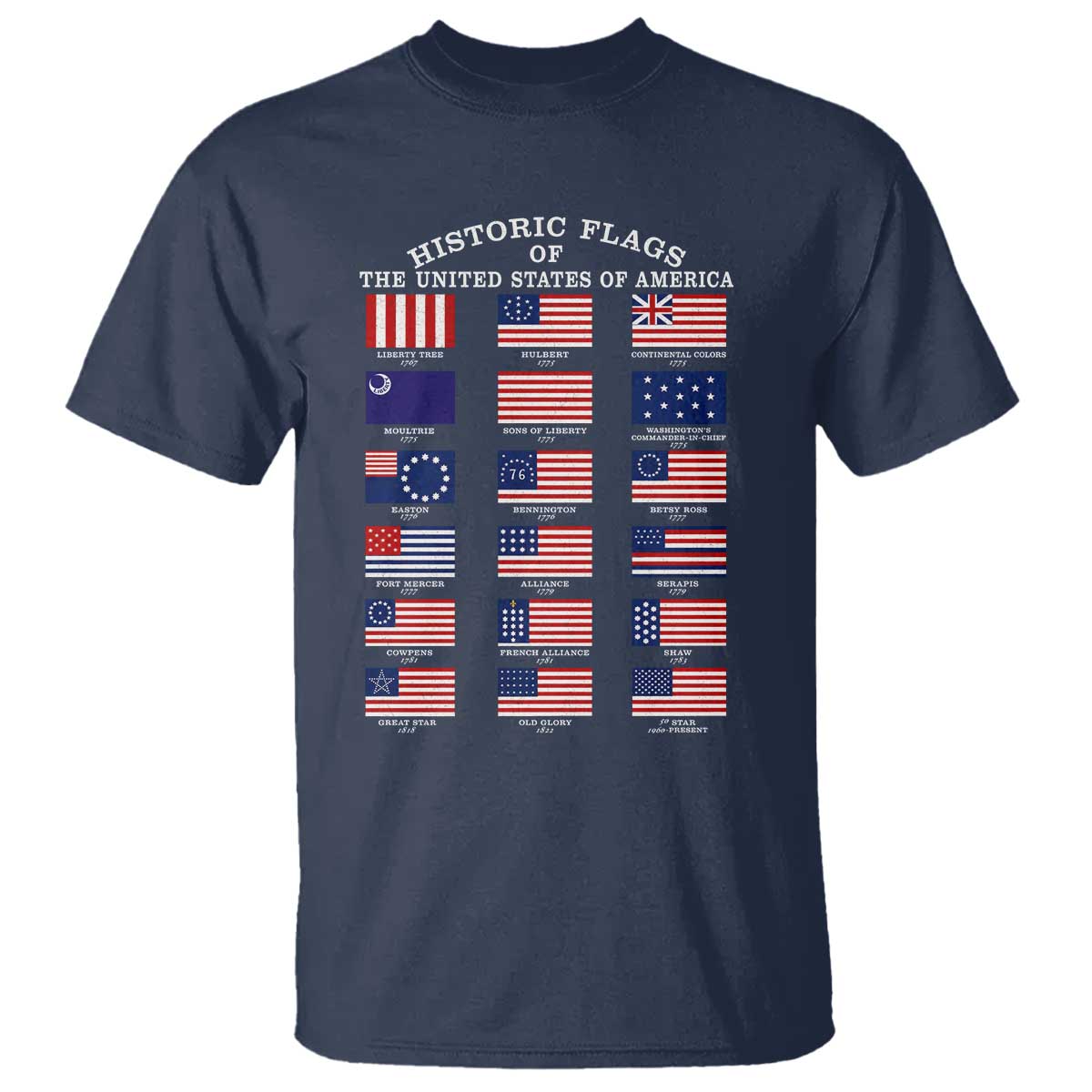 Historic Flags of The United States of America T Shirt US History 4th of July