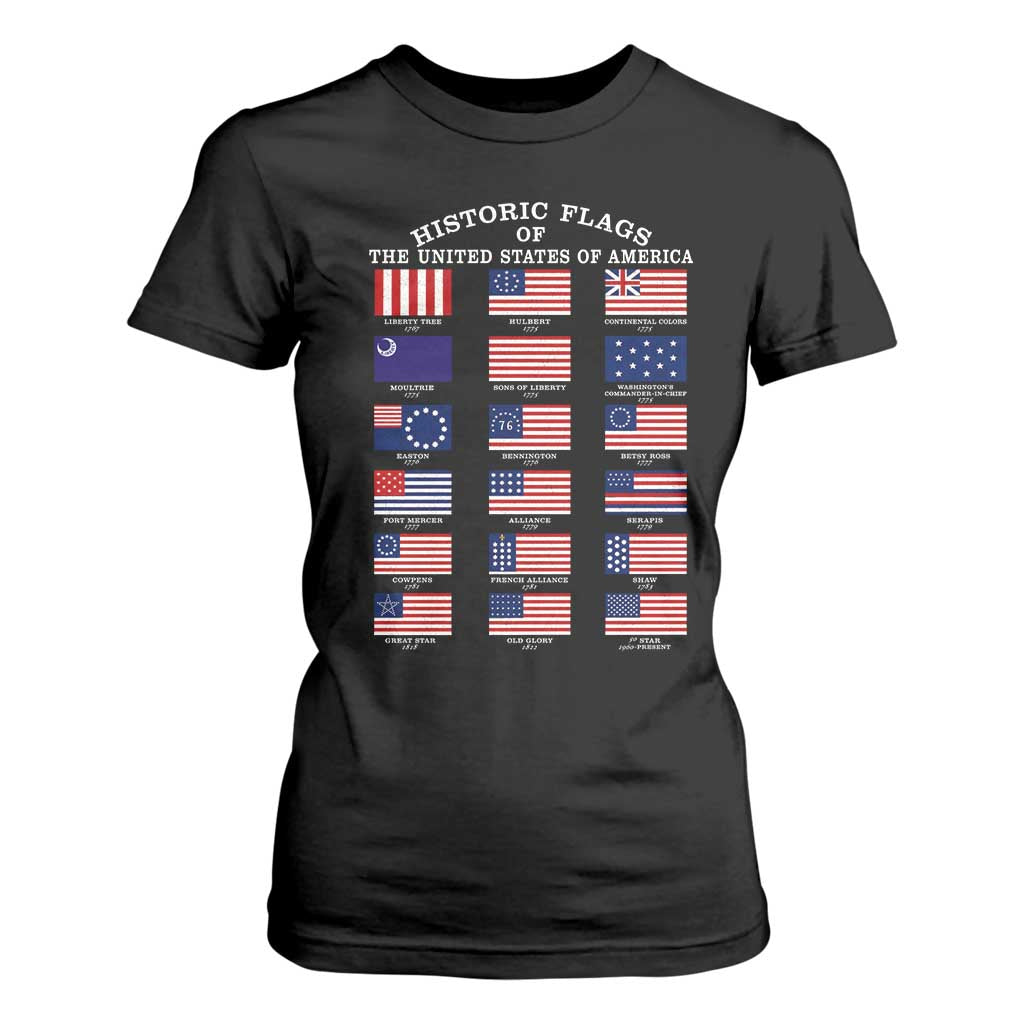 Historic Flags of The United States of America T Shirt For Women US History 4th of July TS11 Black Print Your Wear
