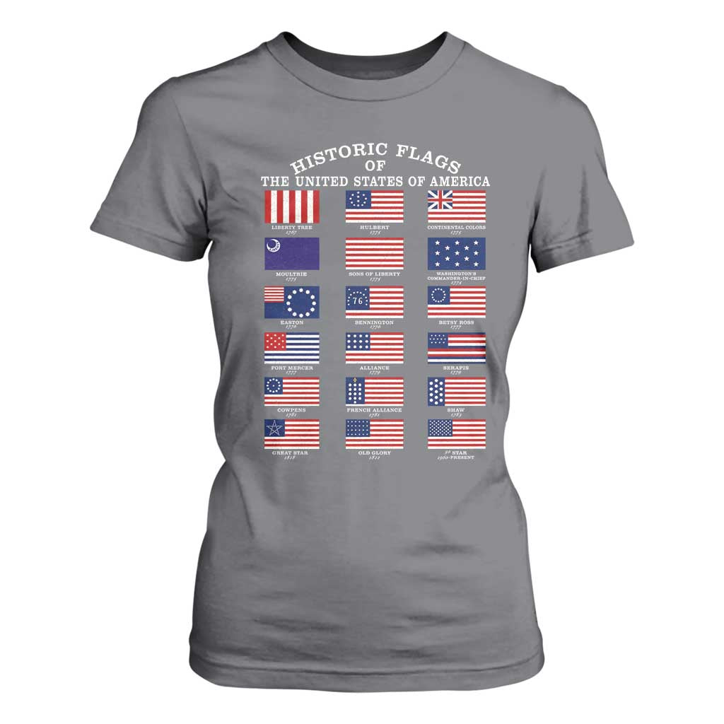 Historic Flags of The United States of America T Shirt For Women US History 4th of July TS11 Charcoal Print Your Wear